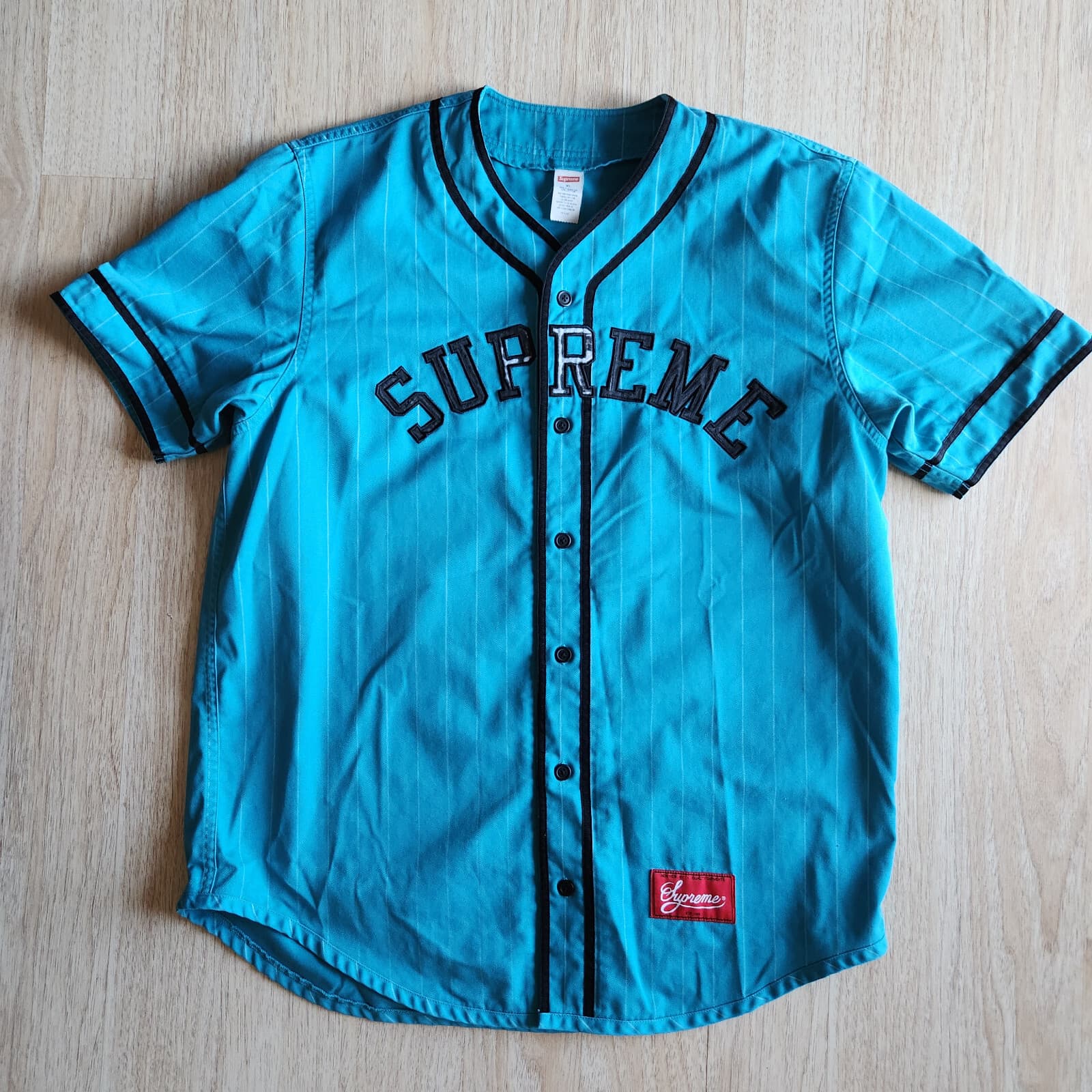 Supreme Pinstripe Baseball Jersey Yankees Button Short Sleeve Peal Blue Green XL - Thumbnail 2