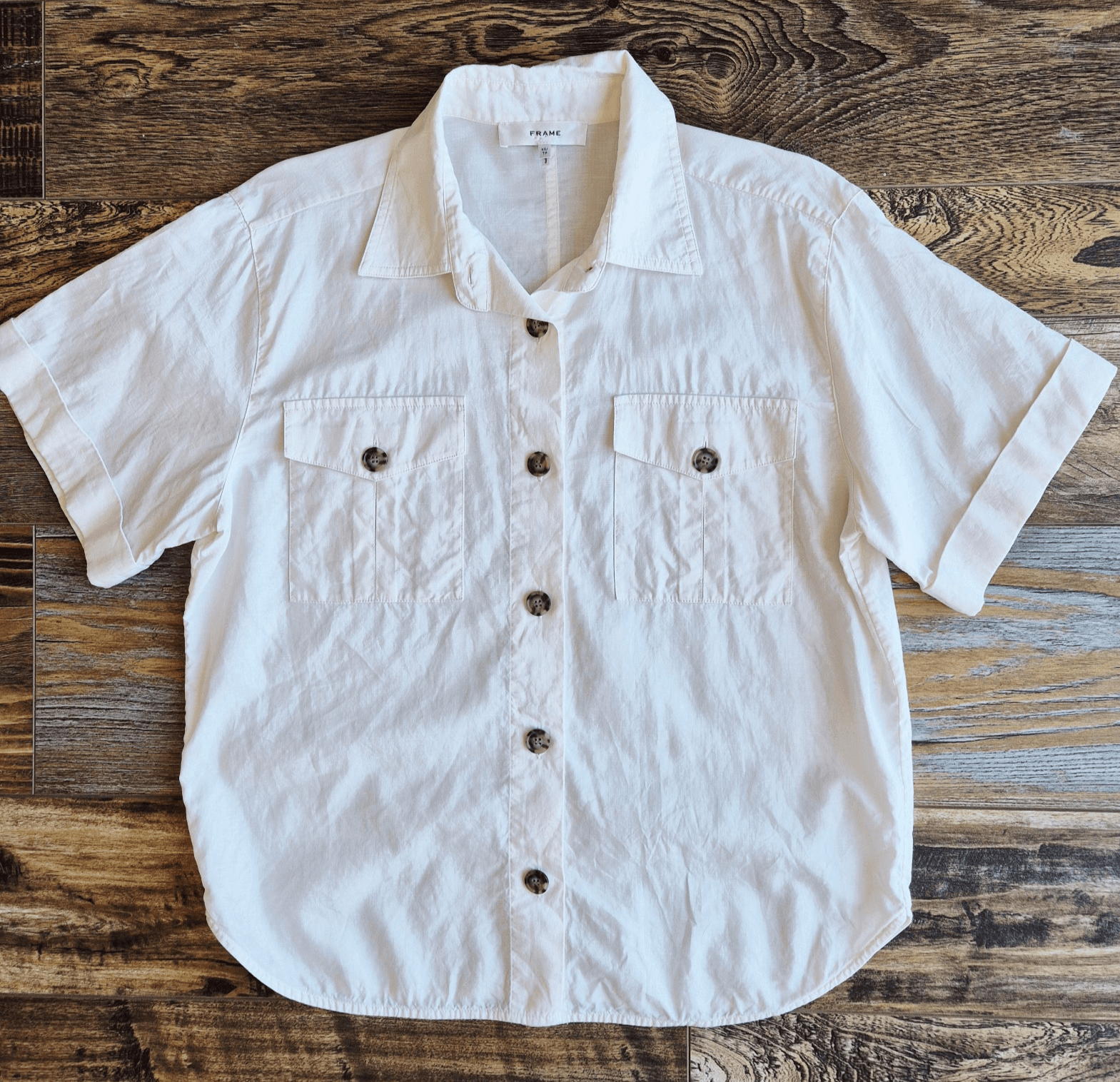 FRAME $348 Linen Blend Patch Pocket Utility Shirt Short Sleeve Cream Women's XS