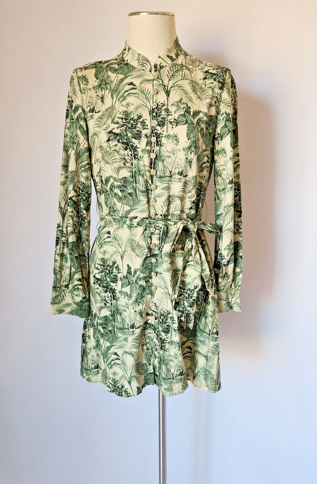 Zara Linen Blend Tropical Leaf Belt Mini Dress Long Sleeve Mandarin Button Sz.M - Thumbnail 2