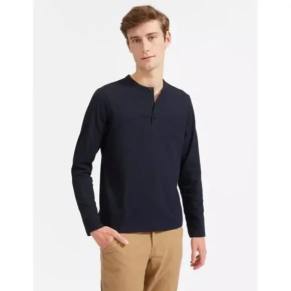 EVERLANE Men's L Premium Weight Henley Long Sleeve Shirt 100% Cotton Navy Blue - Thumbnail 2
