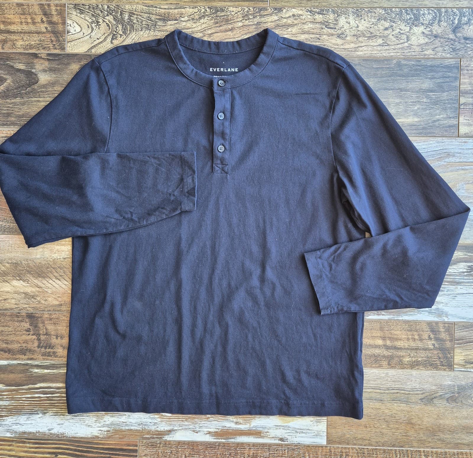 EVERLANE Men's L Premium Weight Henley Long Sleeve Shirt 100% Cotton Navy Blue