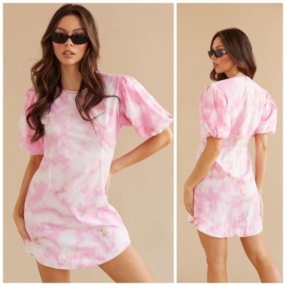 NWT Talulah Dazed Tie-Dye Puff-Sleeve Mini Dress 100% Cotton Pink Beige Womens S - Thumbnail 3