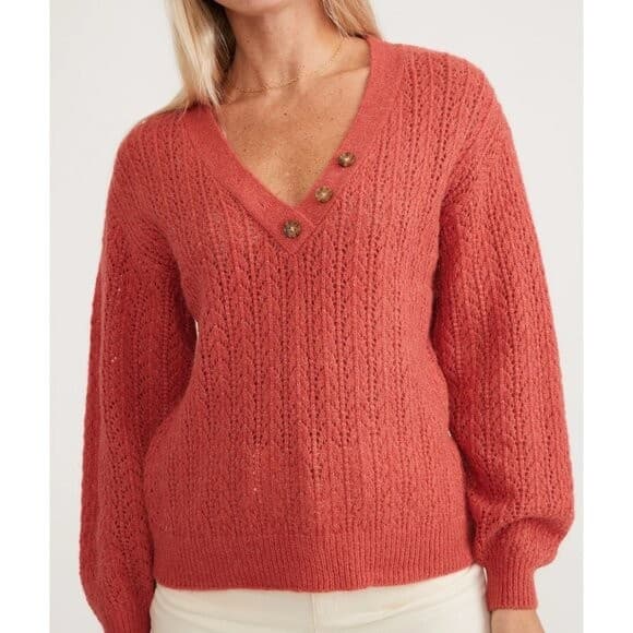 NEW Marine Layer $148 Evelyn Pointelle Alpaca Blend Sweater Mineral Red Womens M - Thumbnail 2