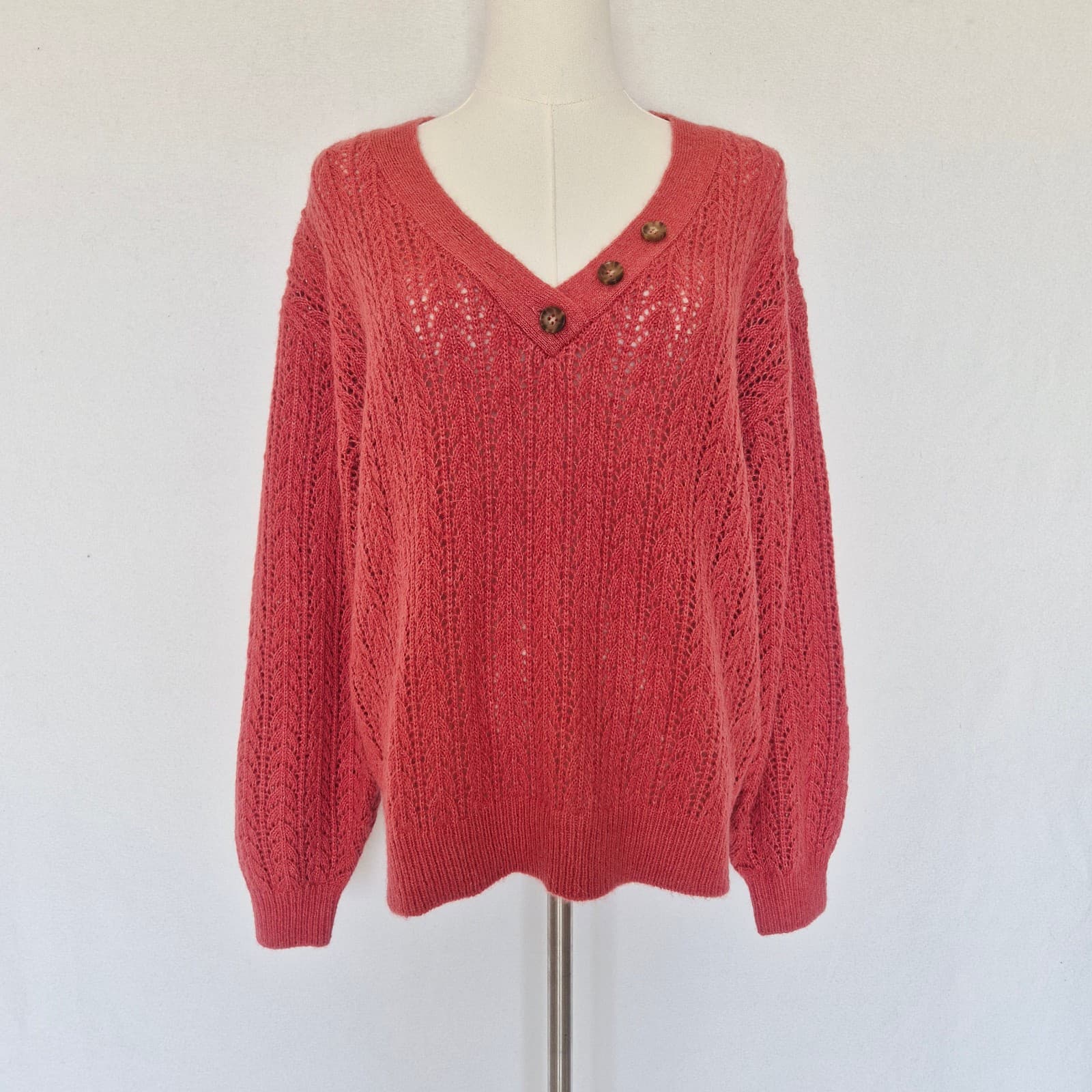 NEW Marine Layer $148 Evelyn Pointelle Alpaca Blend Sweater Mineral Red Womens M - Thumbnail 3