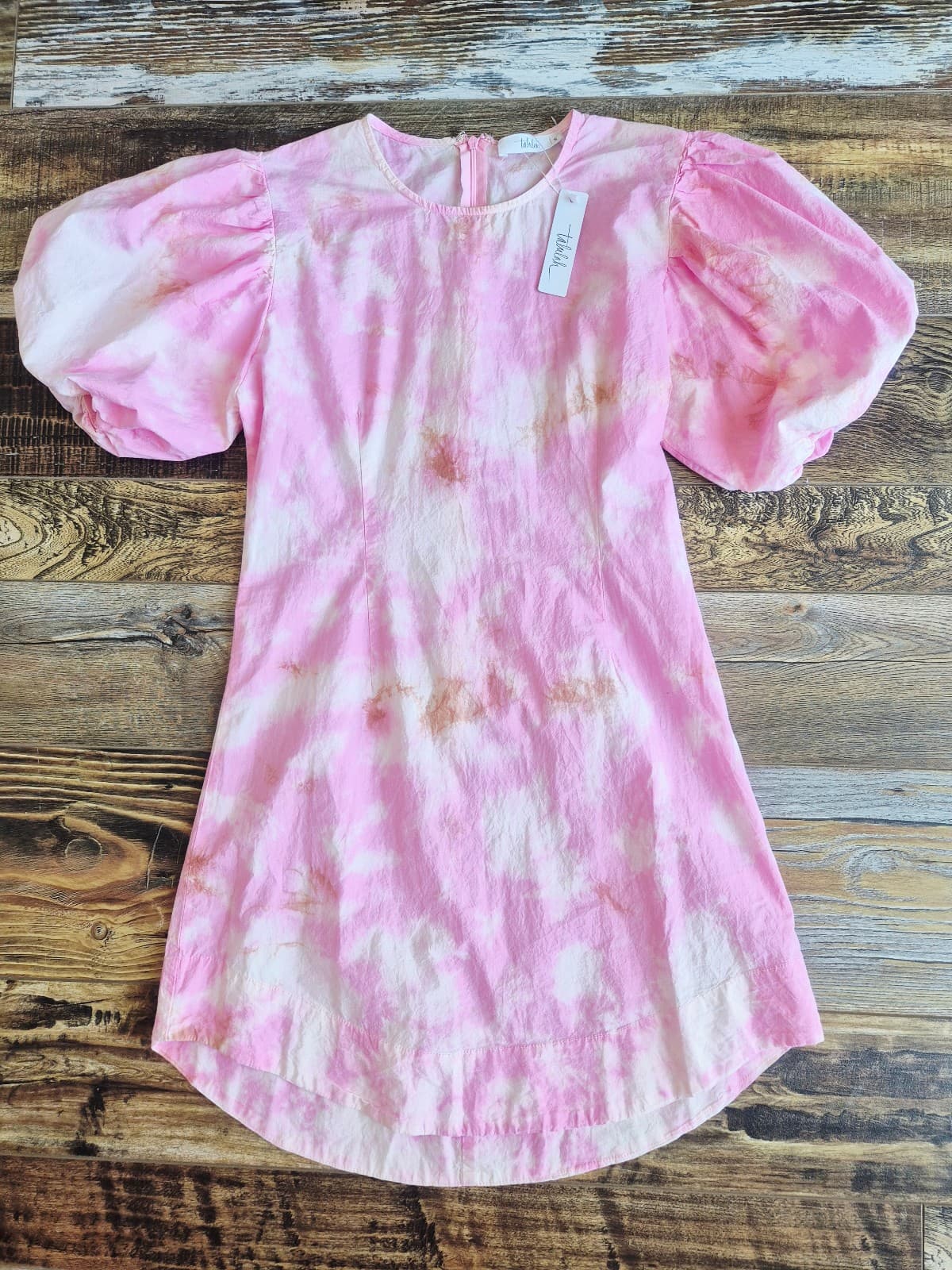 NWT Talulah Dazed Tie-Dye Puff-Sleeve Mini Dress 100% Cotton Pink Beige Womens S - Thumbnail 4