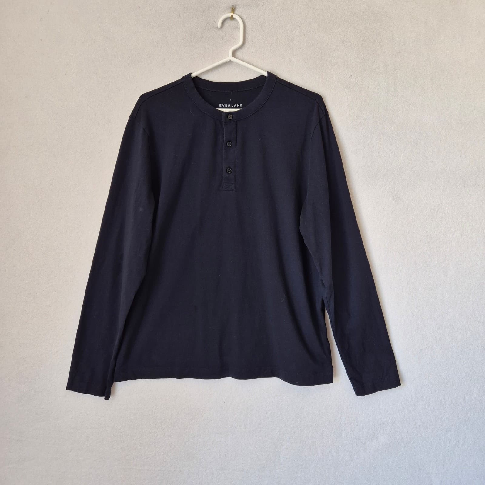 EVERLANE Men's L Premium Weight Henley Long Sleeve Shirt 100% Cotton Navy Blue - Thumbnail 3