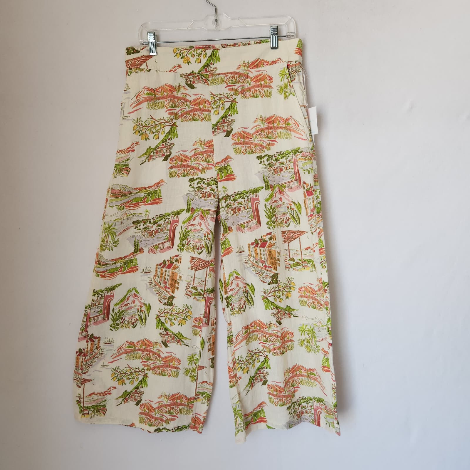 NWT Cynthia Rowley 100% Linen Printed Wide-Leg Pull-On Capri Pants Pocket Sz.L - Thumbnail 3