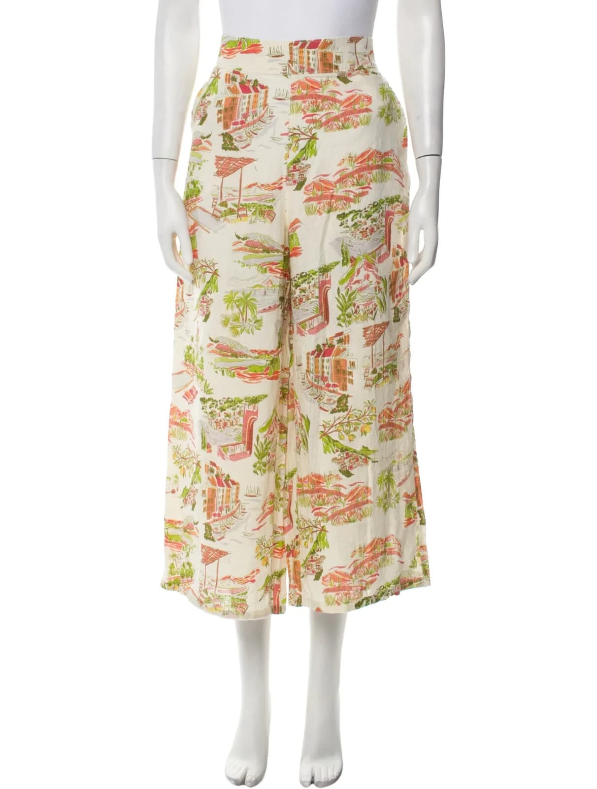 NWT Cynthia Rowley 100% Linen Printed Wide-Leg Pull-On Capri Pants Pocket Sz.L - Thumbnail 2