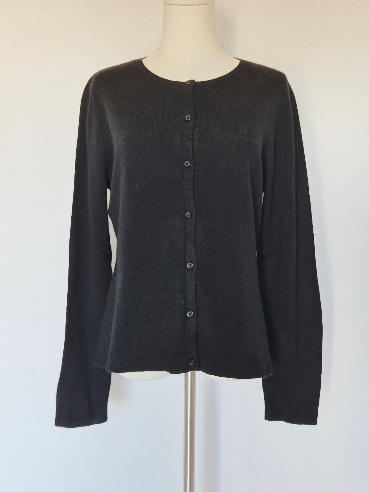 NEW Garnet Hill 100% 2-Ply Cashmere Crewneck Slim Cardigan Button Black Womens M - Thumbnail 2