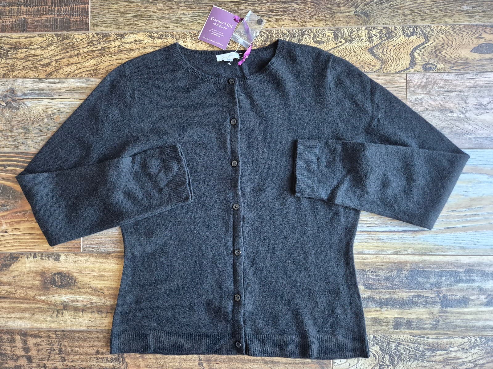 NEW Garnet Hill 100% 2-Ply Cashmere Crewneck Slim Cardigan Button Black Womens M