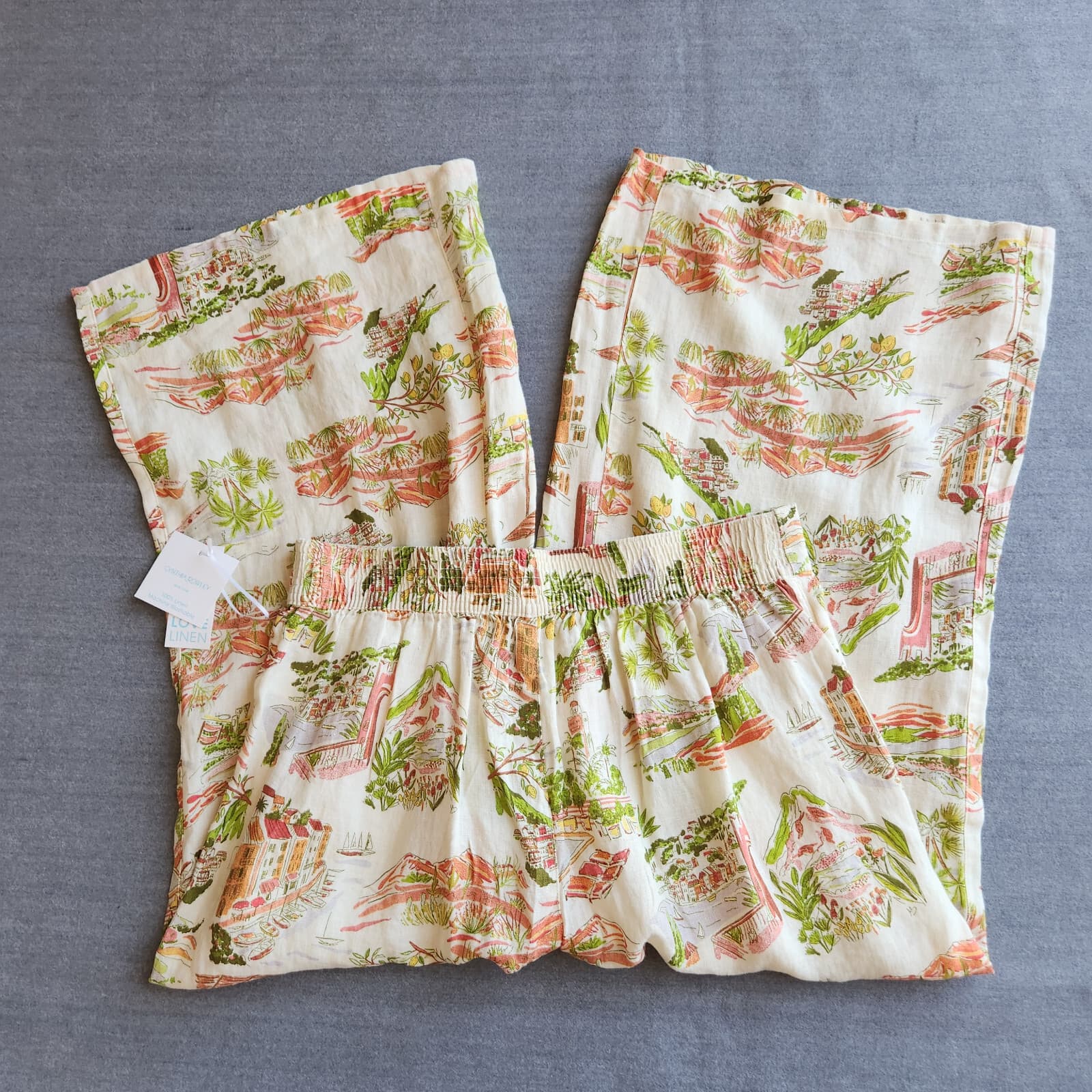 NWT Cynthia Rowley 100% Linen Printed Wide-Leg Pull-On Capri Pants Pocket Sz.L - Thumbnail 6