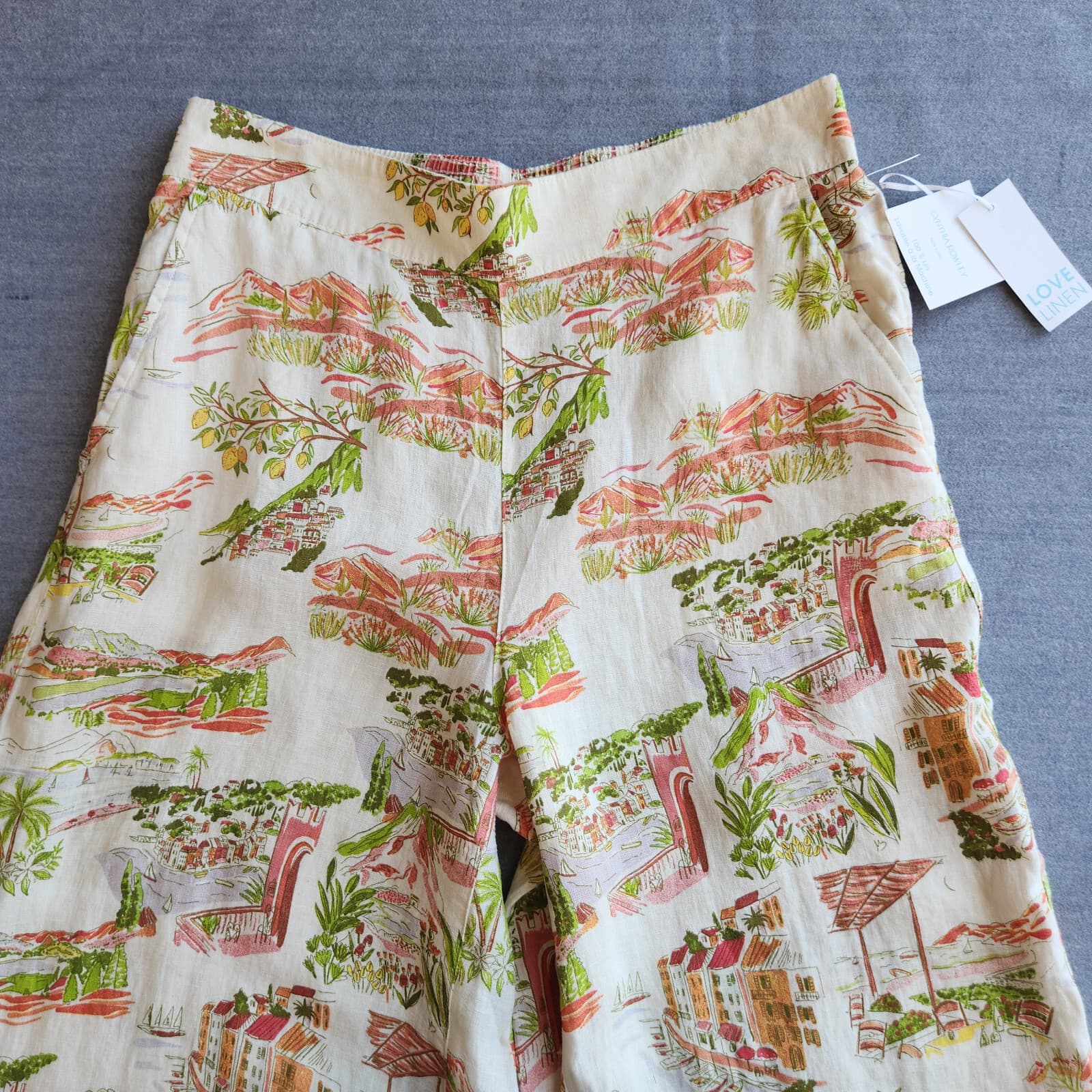 NWT Cynthia Rowley 100% Linen Printed Wide-Leg Pull-On Capri Pants Pocket Sz.L - Thumbnail 4