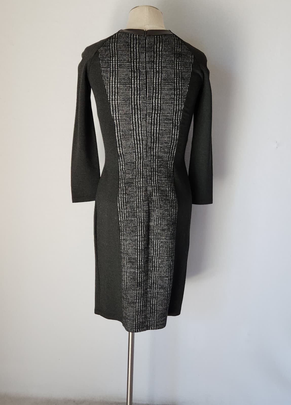 MaxMara Weekend Wool Leather Trim Midi Dress Long Sleeve Black Grey Sz.S - Thumbnail 9