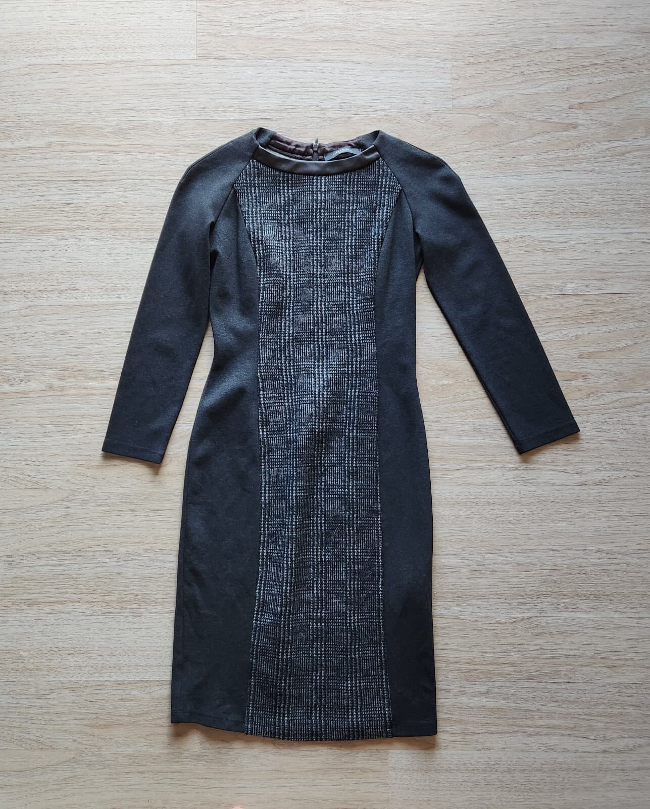 MaxMara Weekend Wool Leather Trim Midi Dress Long Sleeve Black Grey Sz.S - Thumbnail 3