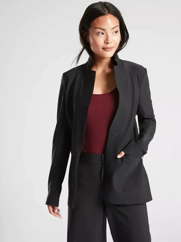 Athleta Interstellar Blazer Traval Career Stretch Snap Zip-Pocket Black Sz.2 - Thumbnail 6