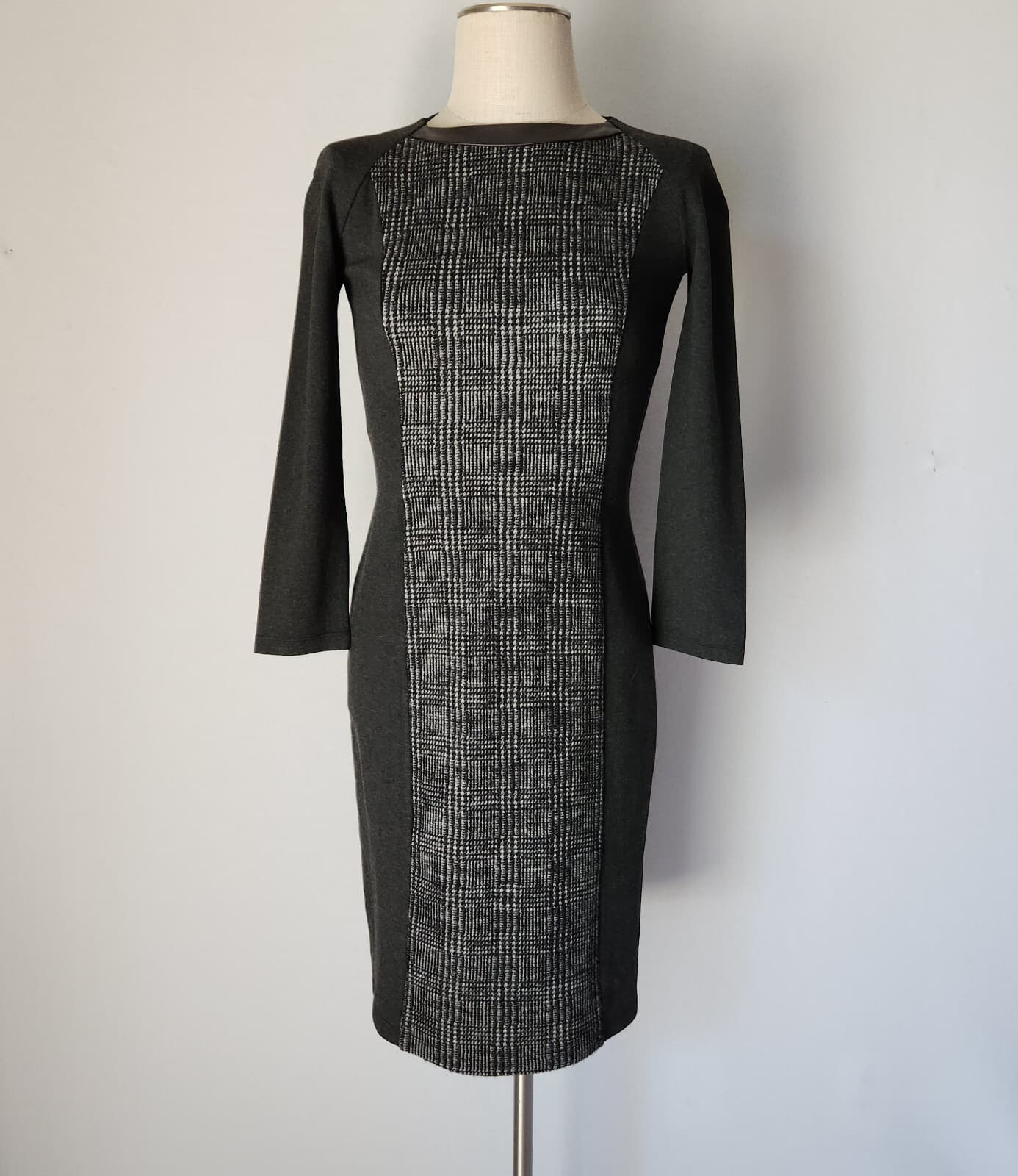 MaxMara Weekend Wool Leather Trim Midi Dress Long Sleeve Black Grey Sz.S - Thumbnail 2