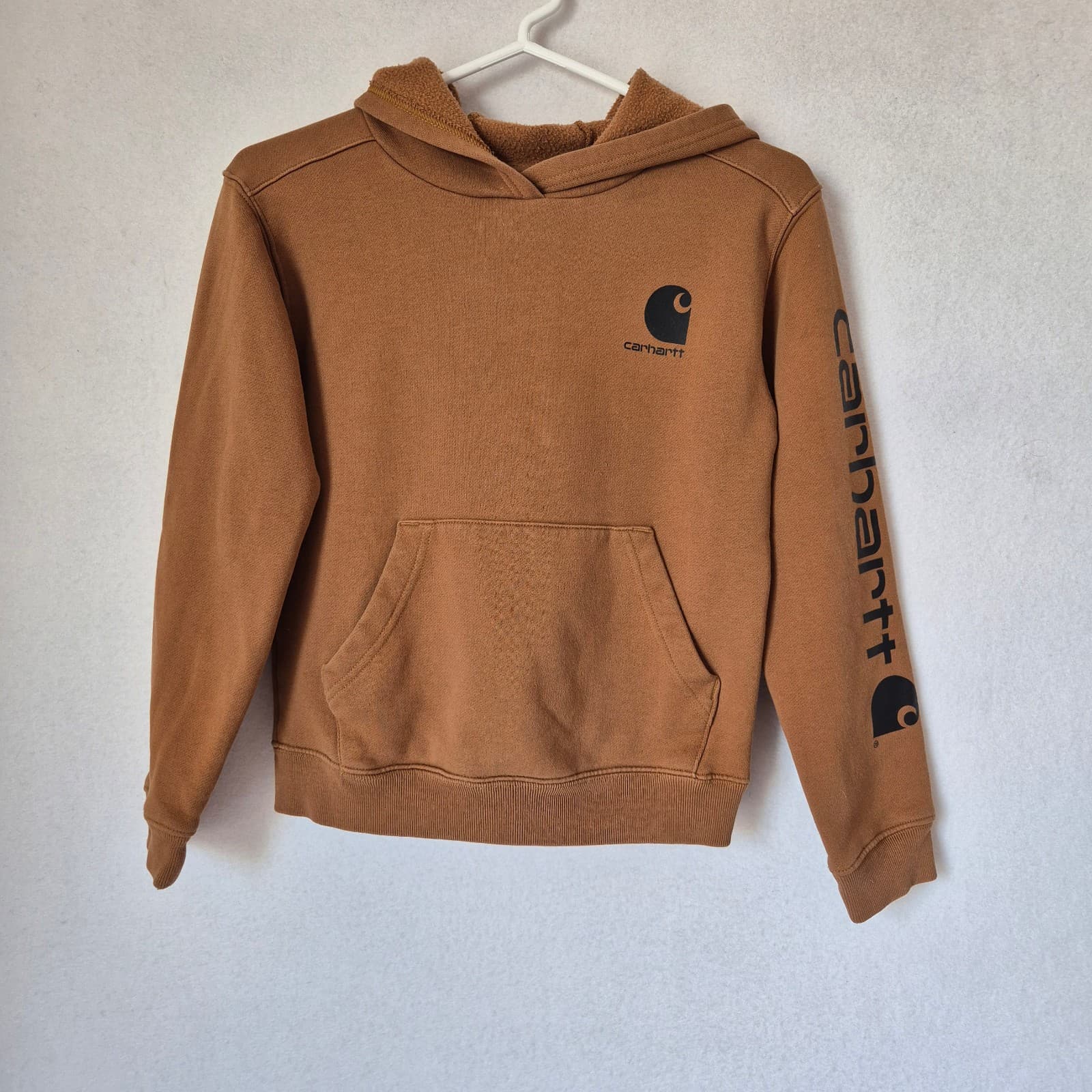 Carhartt Boys M (10-12) Hooded Fleece Lined Sweatshirt Long Sleeve Pocket Brown - Thumbnail 3