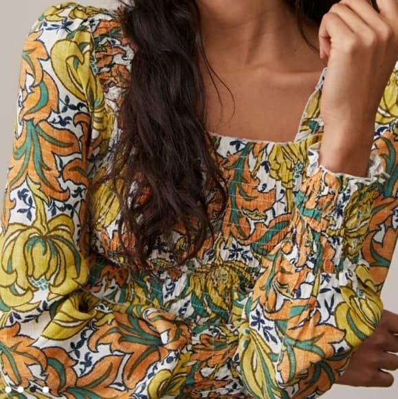 NWT Anthropologie $98 The Rayna Floral Smocked Top Long Sleeve Square Neck Sz.M - Thumbnail 4
