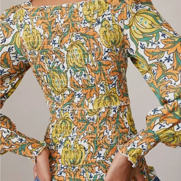 NWT Anthropologie $98 The Rayna Floral Smocked Top Long Sleeve Square Neck Sz.M - Thumbnail 8