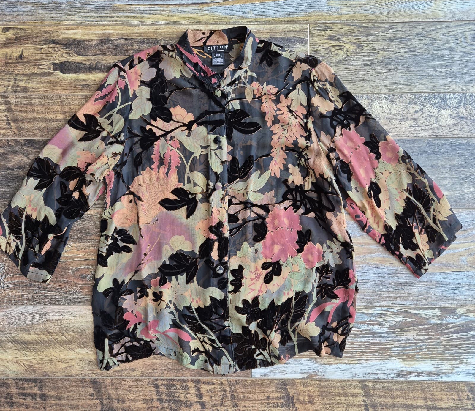 Citron Santa Monica Silk Blend Floral Burnout Velvet Mandarin Top Button Size PM - Thumbnail 7