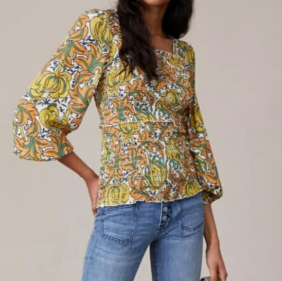 NWT Anthropologie $98 The Rayna Floral Smocked Top Long Sleeve Square Neck Sz.M - Thumbnail 2