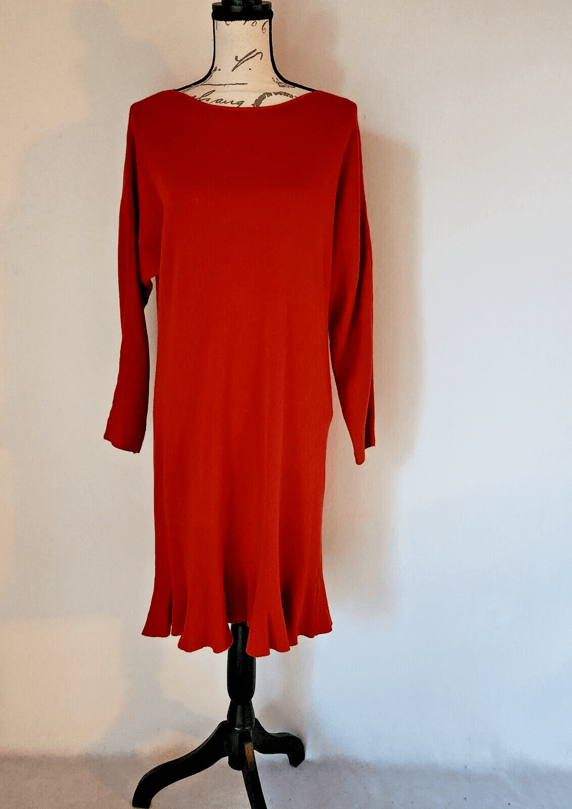 Meo Meli Ribbed Knit Ruffle Hem Midi Sweater Dress Long Sleeve Red One Size - Thumbnail 2