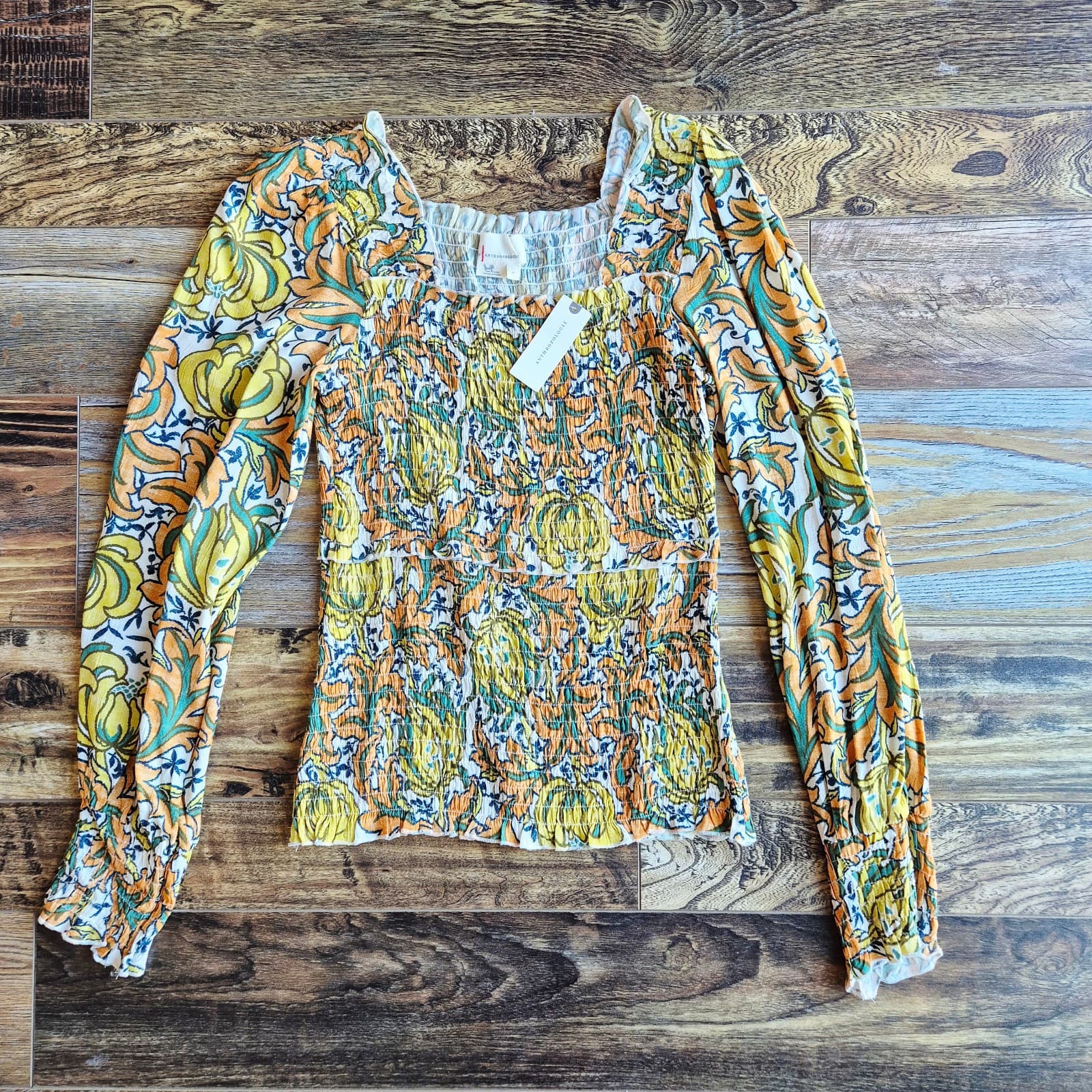 NWT Anthropologie $98 The Rayna Floral Smocked Top Long Sleeve Square Neck Sz.M - Thumbnail 9