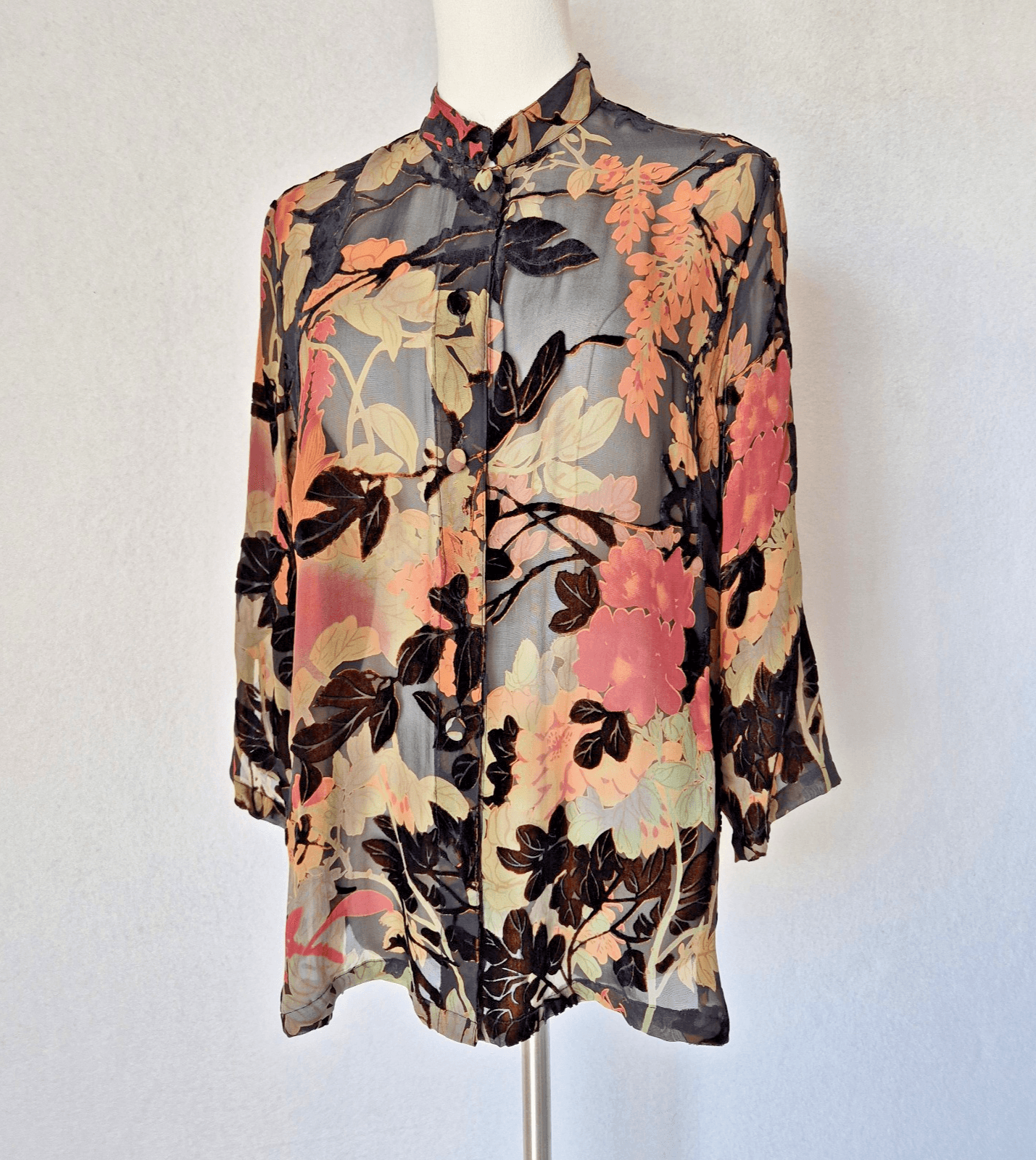 Citron Santa Monica Silk Blend Floral Burnout Velvet Mandarin Top Button Size PM