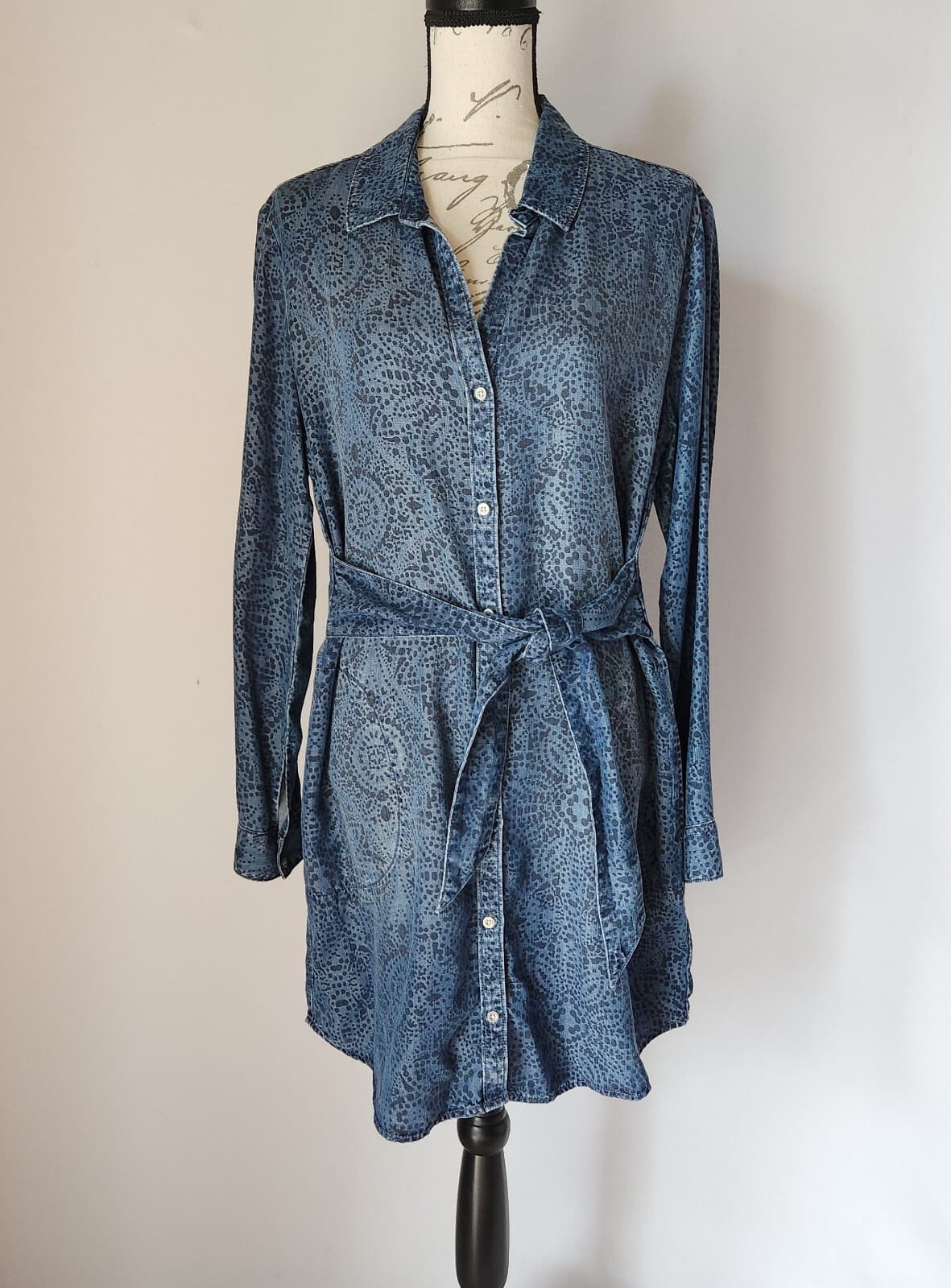 Cloth & Stone Anthropologie Blue Chambray Floral Shirt Dress Tie Waist Womens PL - Thumbnail 2
