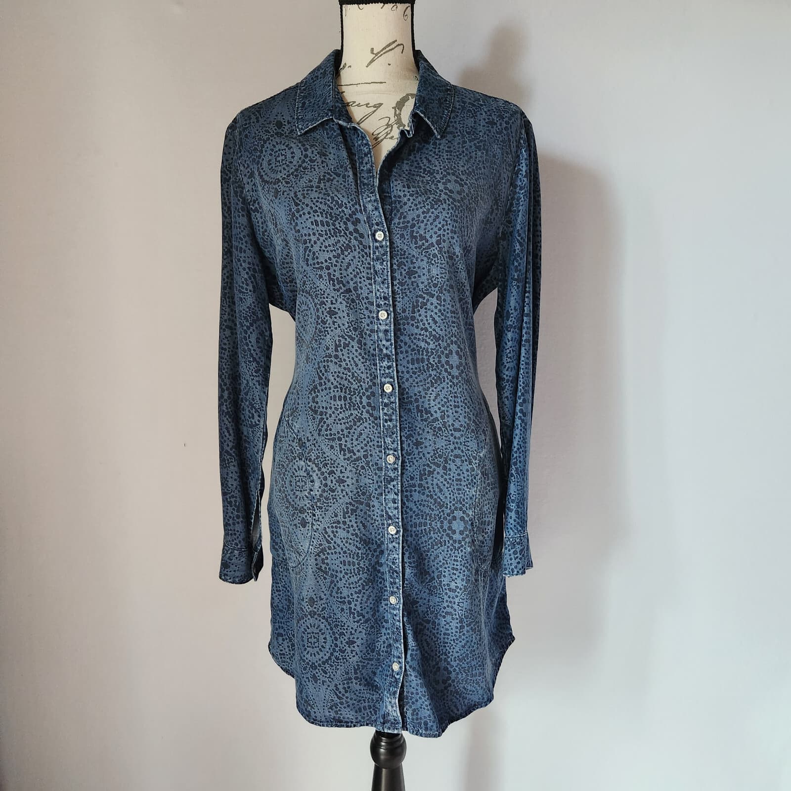 Cloth & Stone Anthropologie Blue Chambray Floral Shirt Dress Tie Waist Womens PL - Thumbnail 3