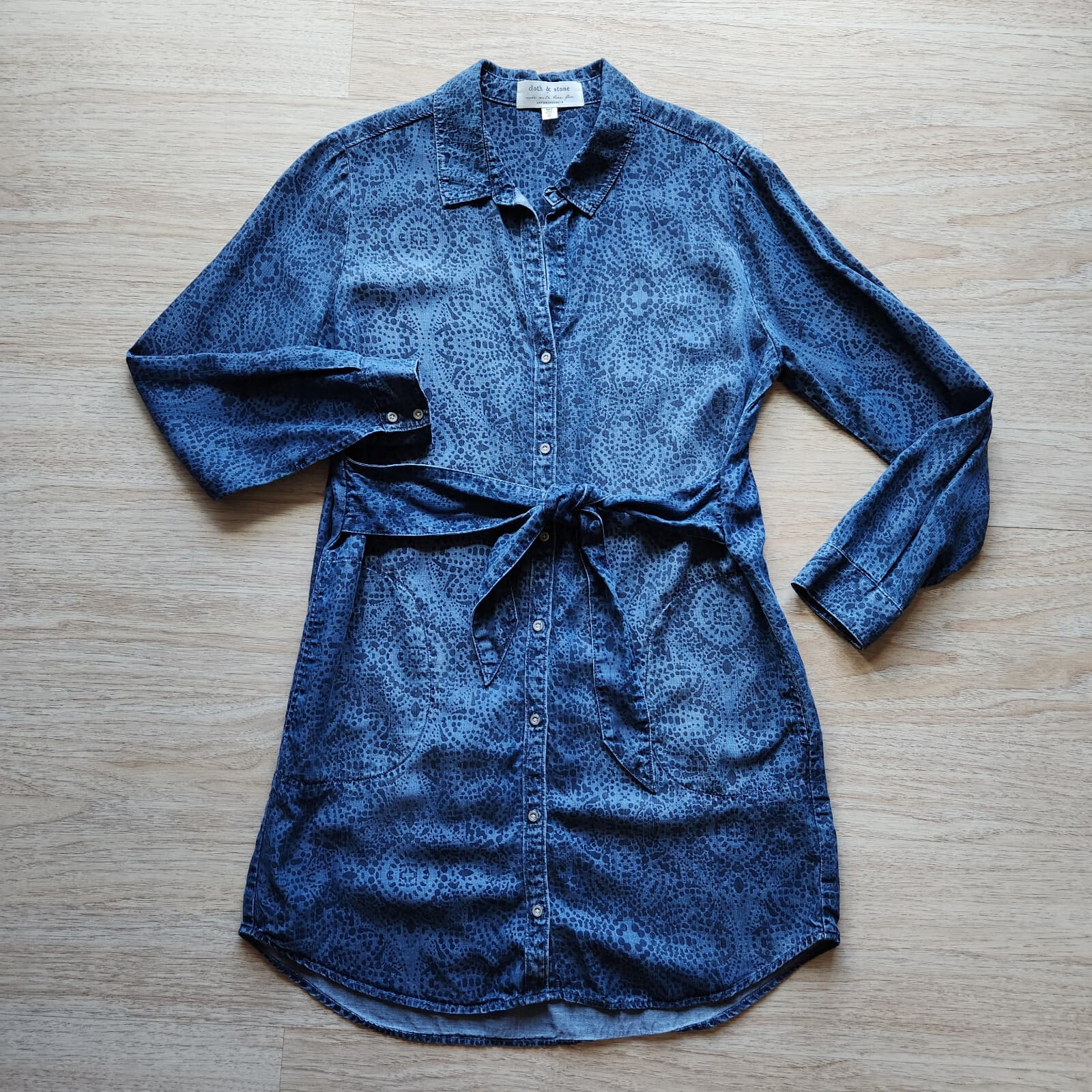 Cloth & Stone Anthropologie Blue Chambray Floral Shirt Dress Tie Waist Womens PL - Thumbnail 6