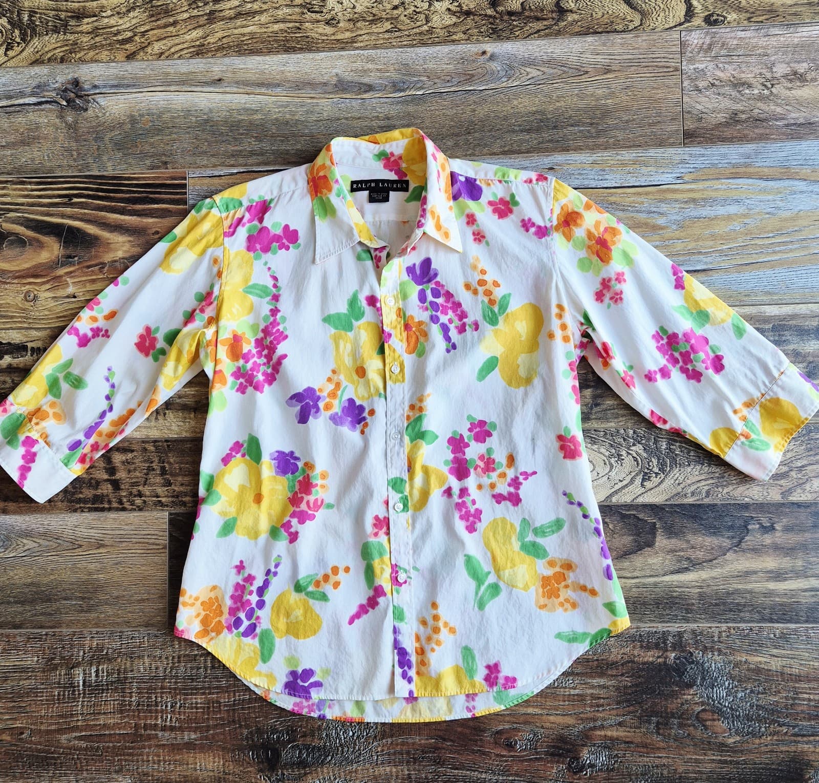 Ralph Lauren Black Label Floral Water Color Button-Up Shirt 3/4 Sleeve Bust 43" - Thumbnail 4