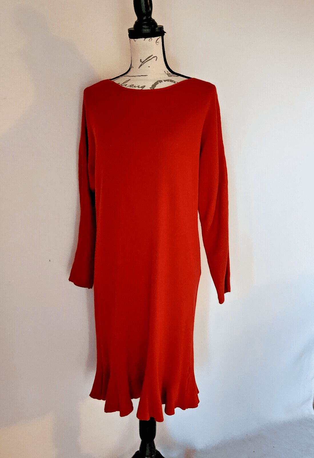 Meo Meli Ribbed Knit Ruffle Hem Midi Sweater Dress Long Sleeve Red One Size - Thumbnail 3