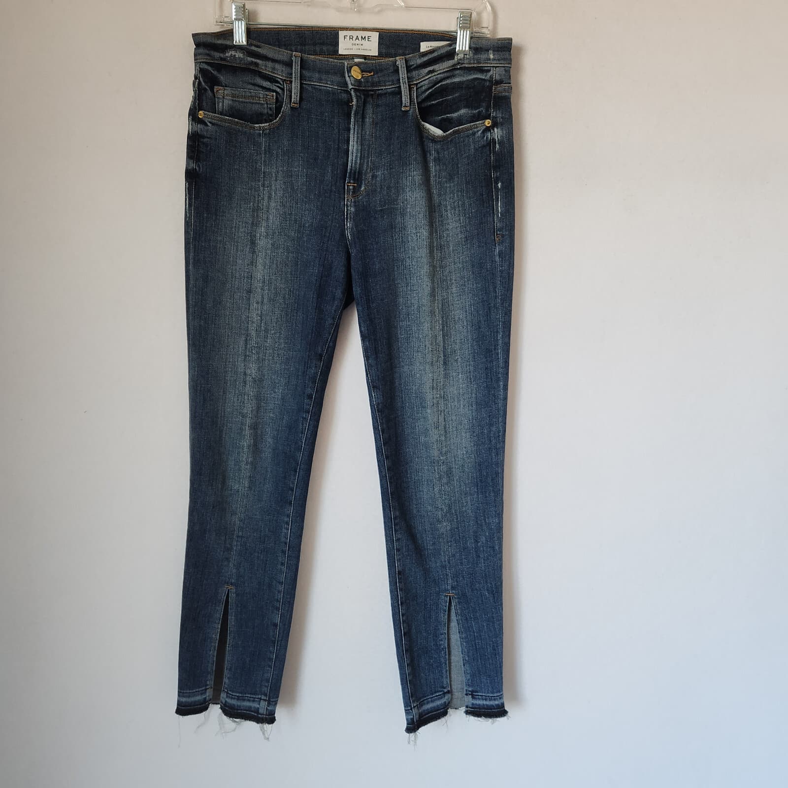 FRAME Le Nouveau Straight Slit- Raw Hem Jeans Zip Medium-Wash Blue Women's 29 - Thumbnail 3