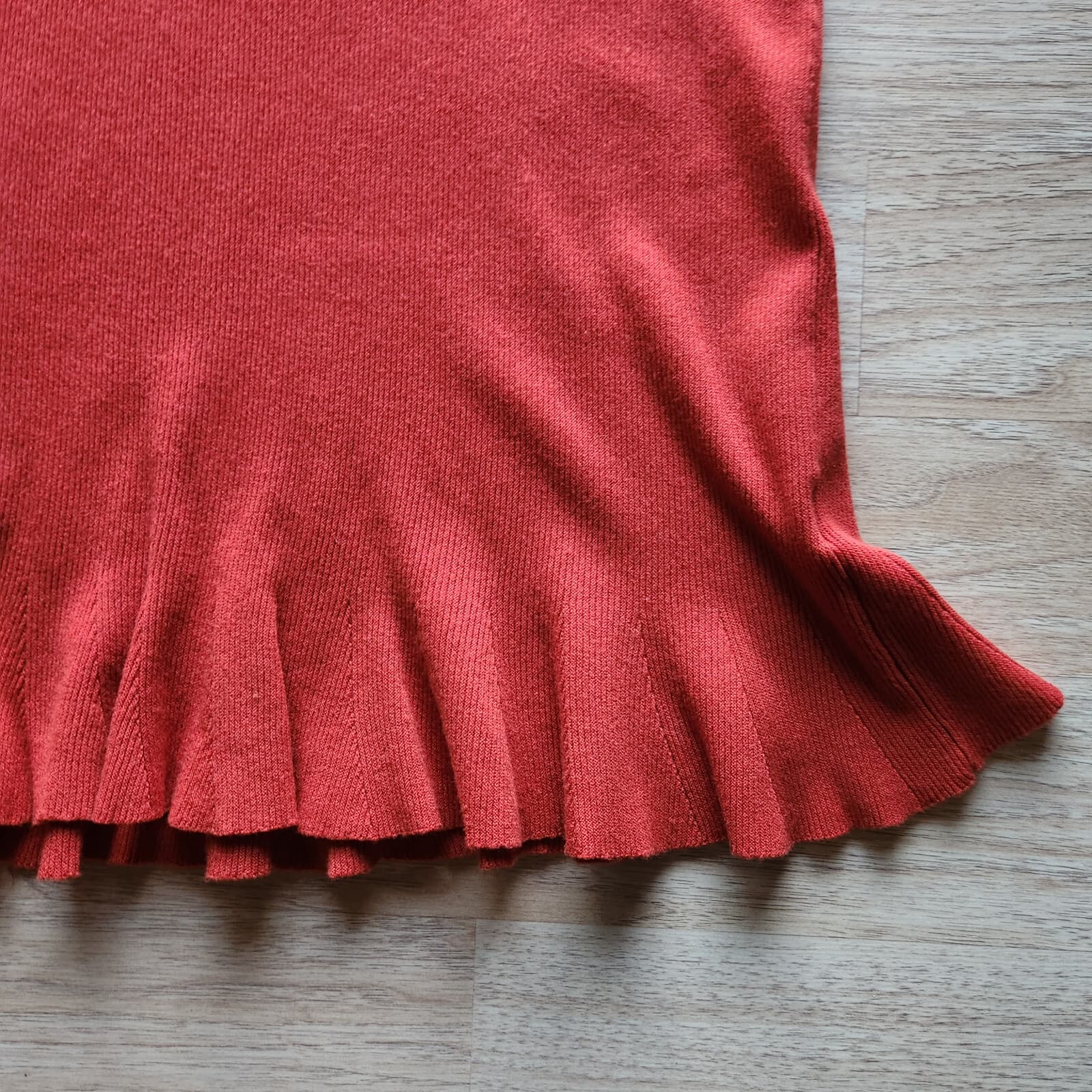 Meo Meli Ribbed Knit Ruffle Hem Midi Sweater Dress Long Sleeve Red One Size - Thumbnail 6