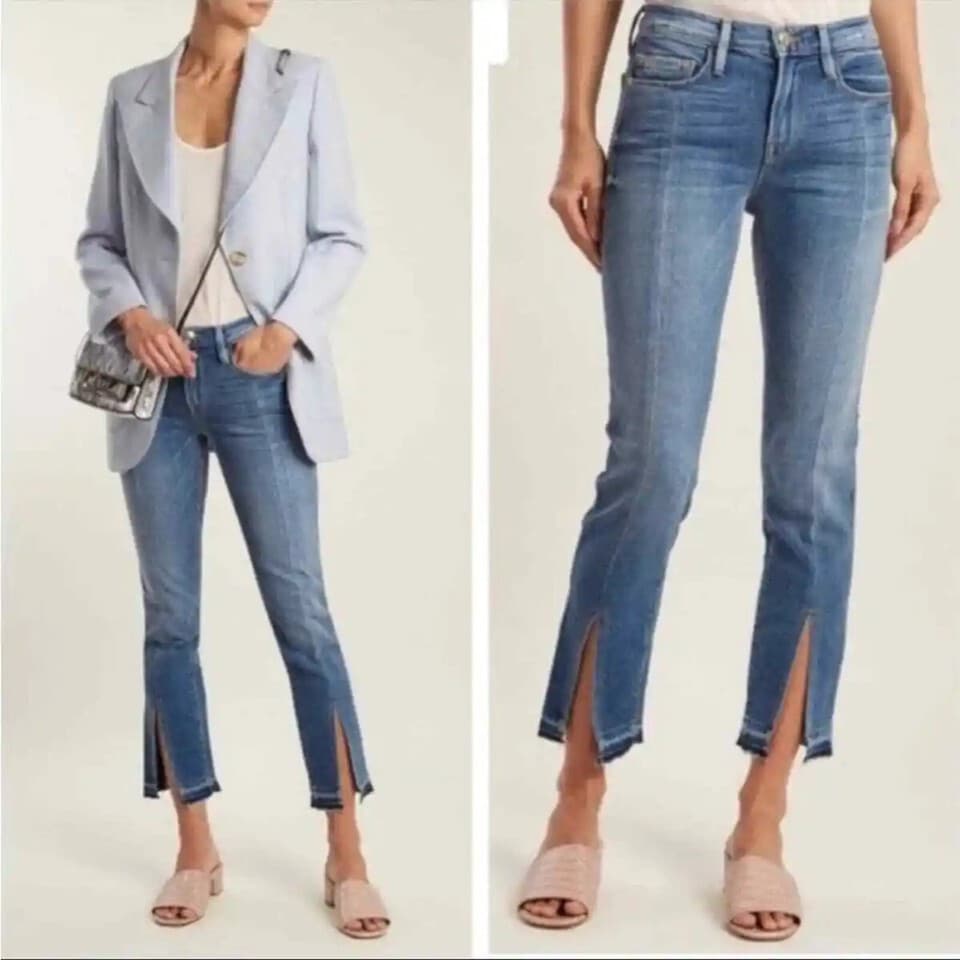 FRAME Le Nouveau Straight Slit- Raw Hem Jeans Zip Medium-Wash Blue Women's 29 - Thumbnail 2