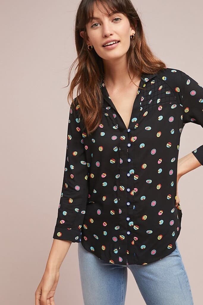13 of 52 Conversations Anthropologie Button Printed Shirt 3/4 Sleeve Black Sz.0 - Thumbnail 2
