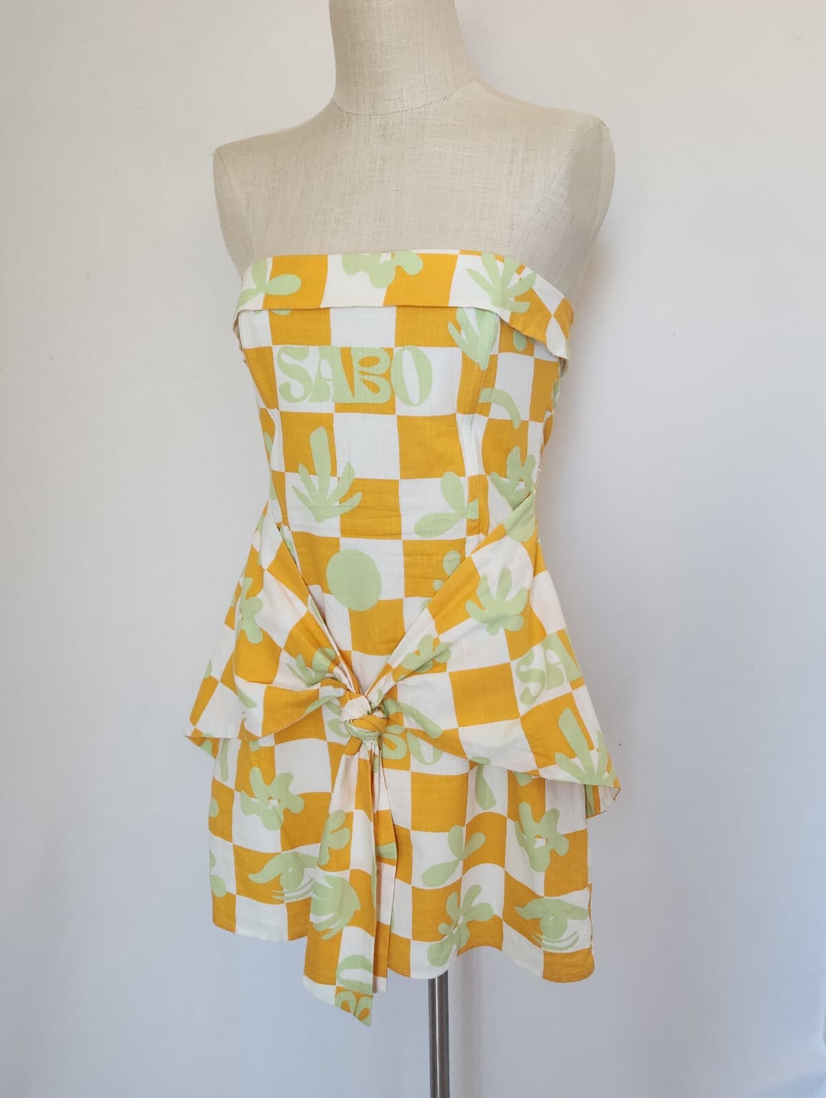 SABO Kingsley Checkerboard Bandeau Mini Summer Dress Tie-Front Cotton Yellow US8 - Thumbnail 2