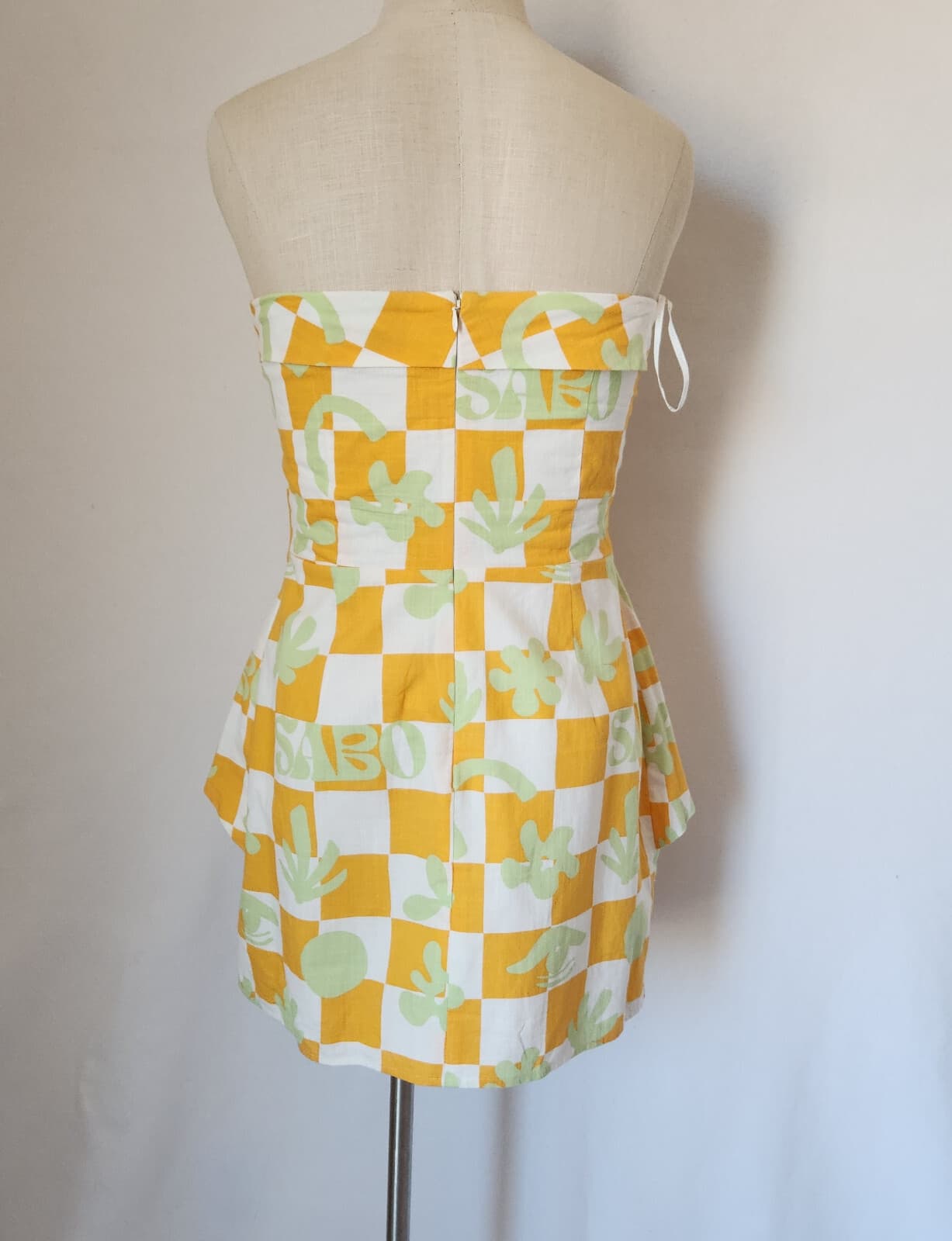 SABO Kingsley Checkerboard Bandeau Mini Summer Dress Tie-Front Cotton Yellow US8 - Thumbnail 7