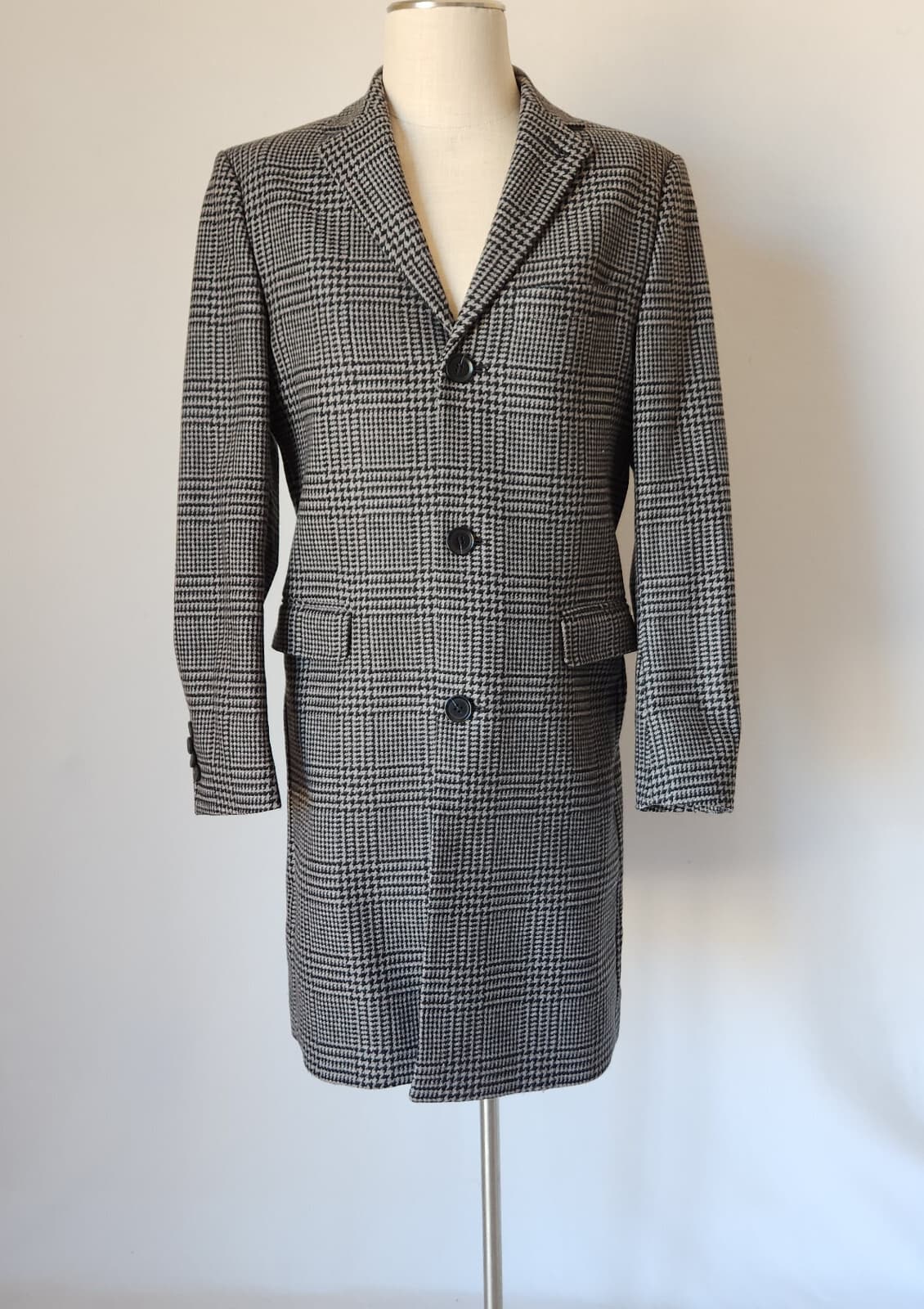 H&M Manteco Italian Wool Blend Hundstooth Check Long Coat Button Grey Men's 36R - Thumbnail 3