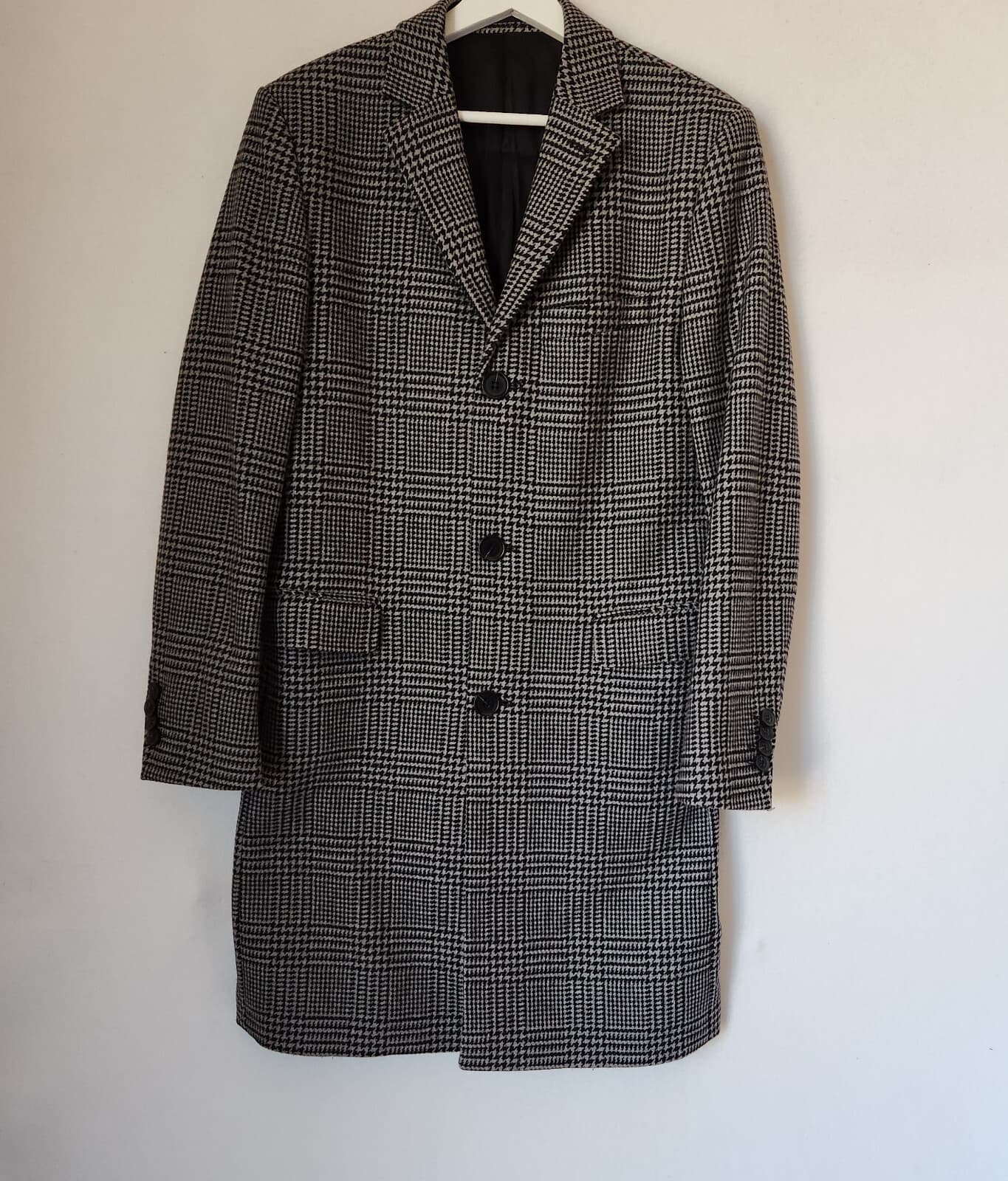 H&M Manteco Italian Wool Blend Hundstooth Check Long Coat Button Grey Men's 36R - Thumbnail 2