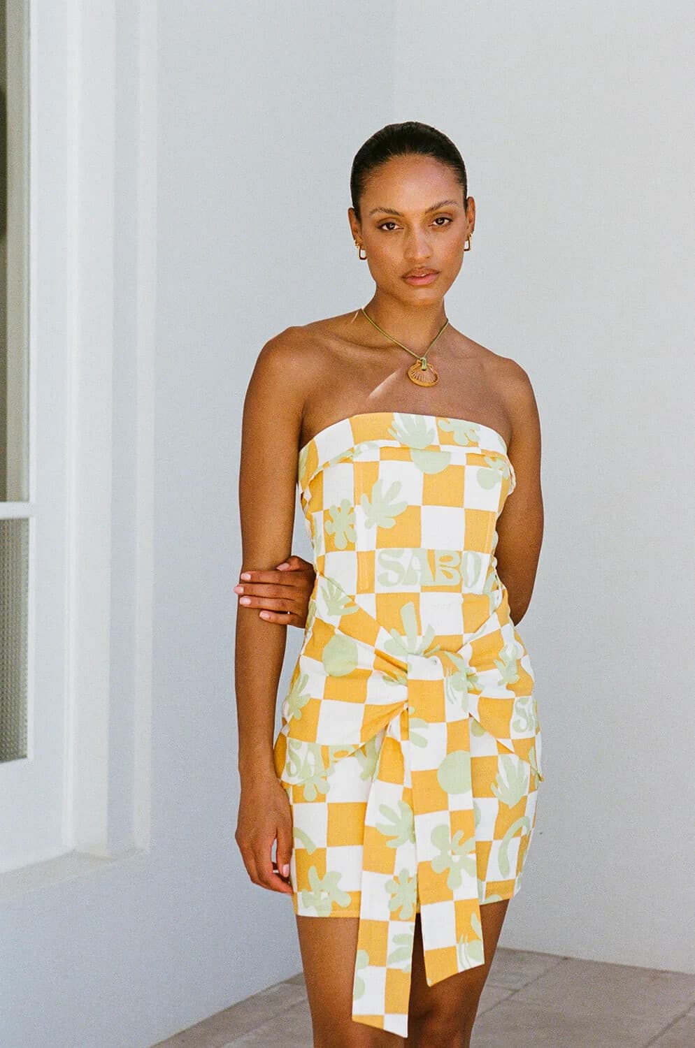 SABO Kingsley Checkerboard Bandeau Mini Summer Dress Tie-Front Cotton Yellow US8 - Thumbnail 3