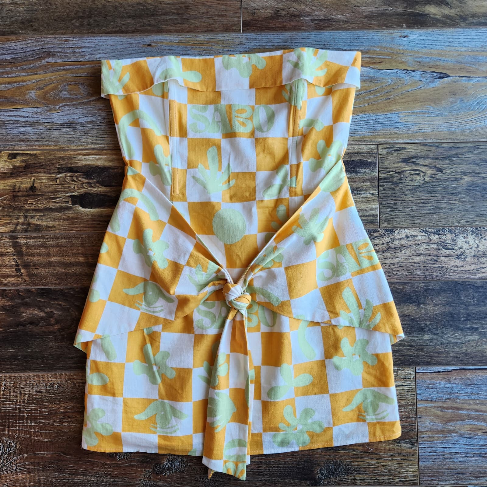 SABO Kingsley Checkerboard Bandeau Mini Summer Dress Tie-Front Cotton Yellow US8 - Thumbnail 5