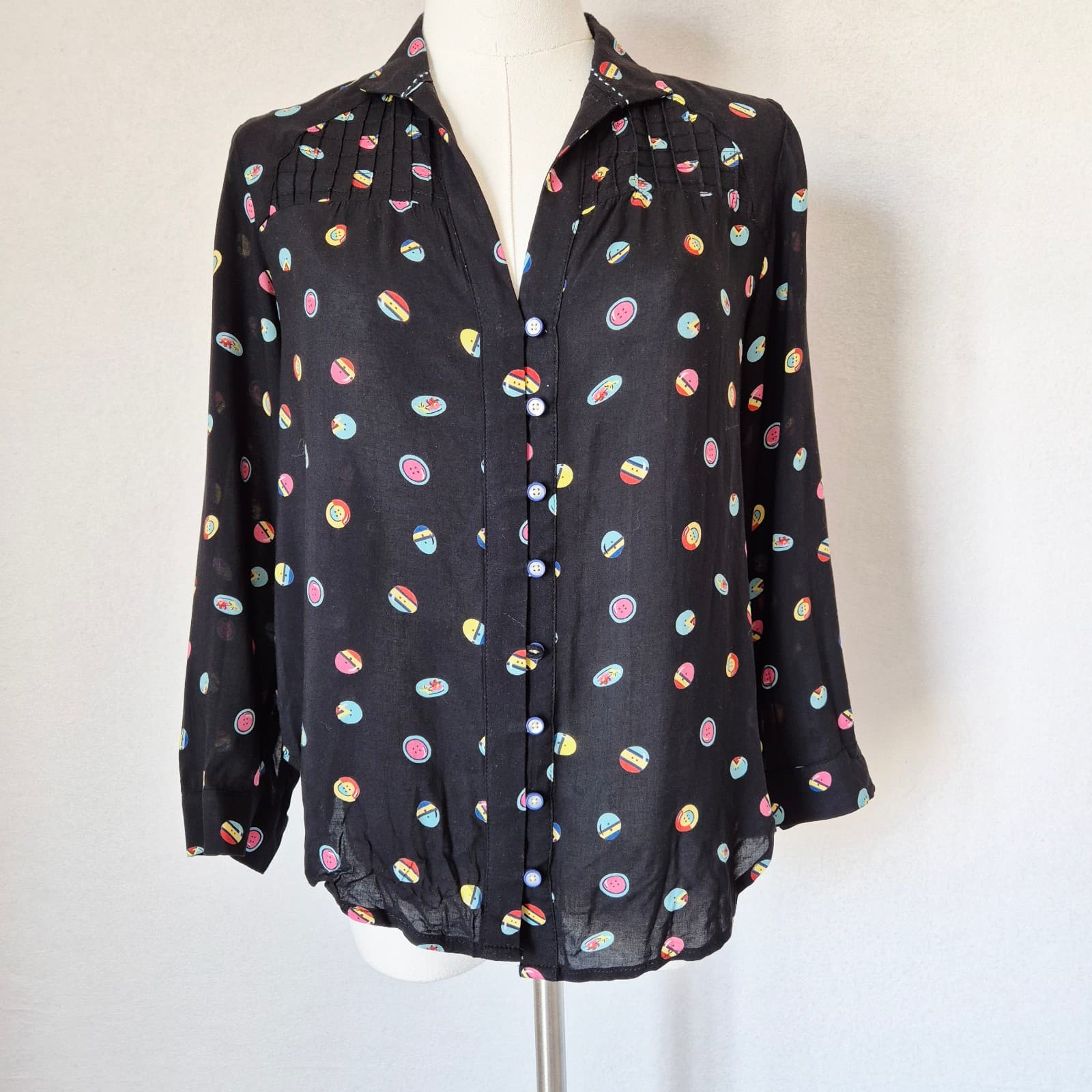 13 of 52 Conversations Anthropologie Button Printed Shirt 3/4 Sleeve Black Sz.0 - Thumbnail 3