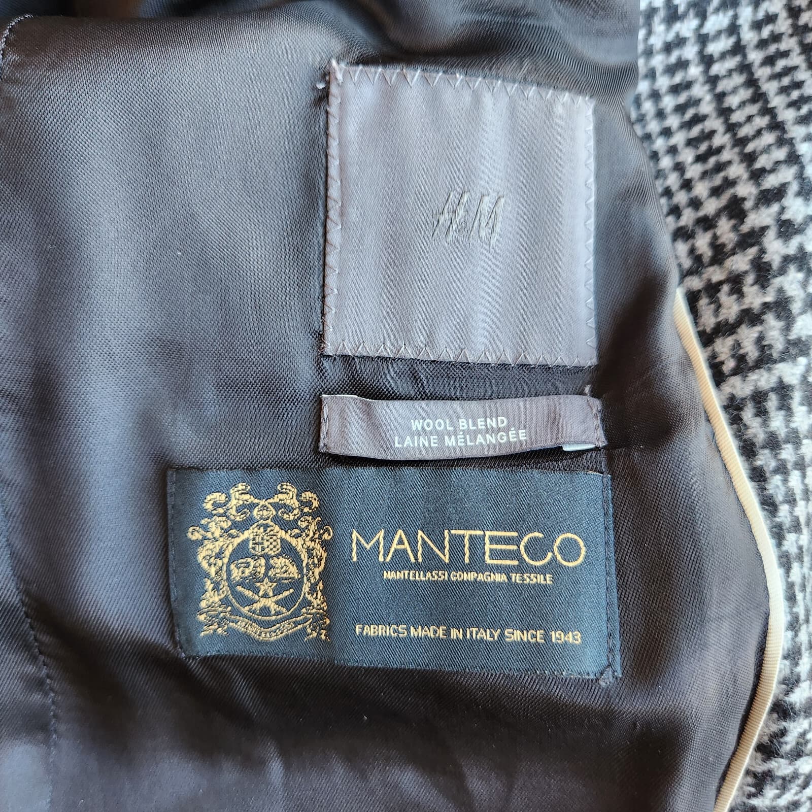 H&M Manteco Italian Wool Blend Hundstooth Check Long Coat Button Grey Men's 36R - Thumbnail 10