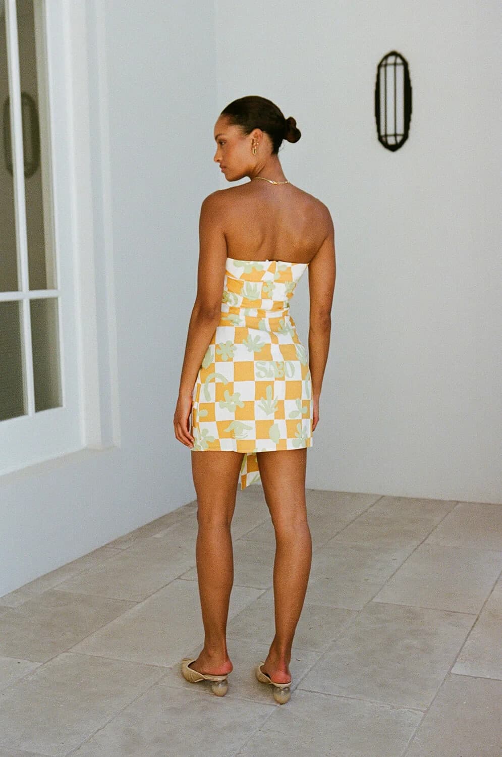 SABO Kingsley Checkerboard Bandeau Mini Summer Dress Tie-Front Cotton Yellow US8 - Thumbnail 6
