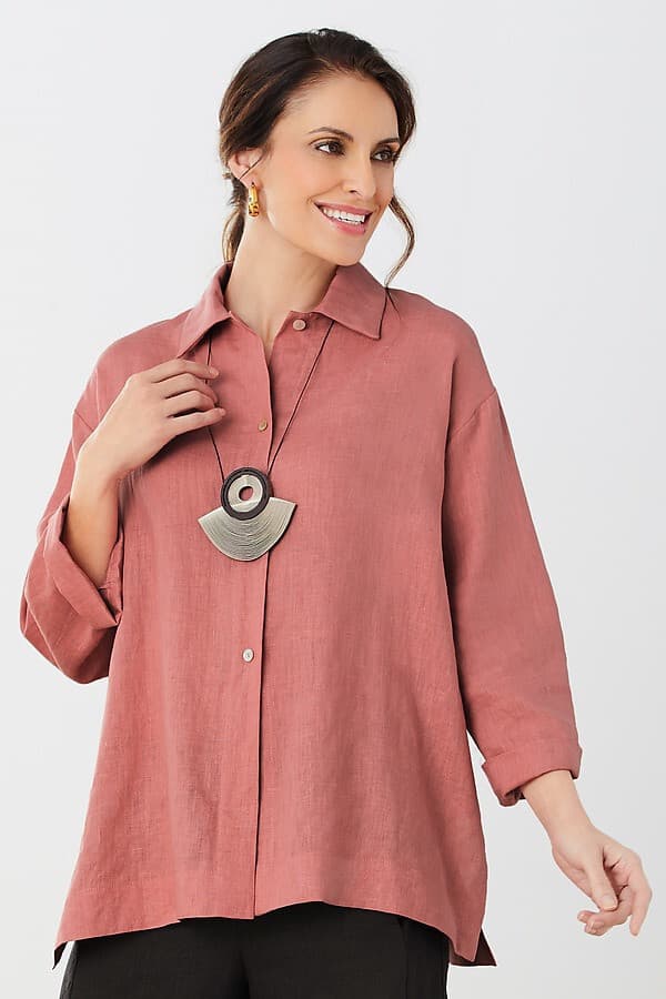 Go Lightly Alexandra Shirt 100% Linen Lagenlook Button 3/4 Sleeve Coral One Size - Thumbnail 2