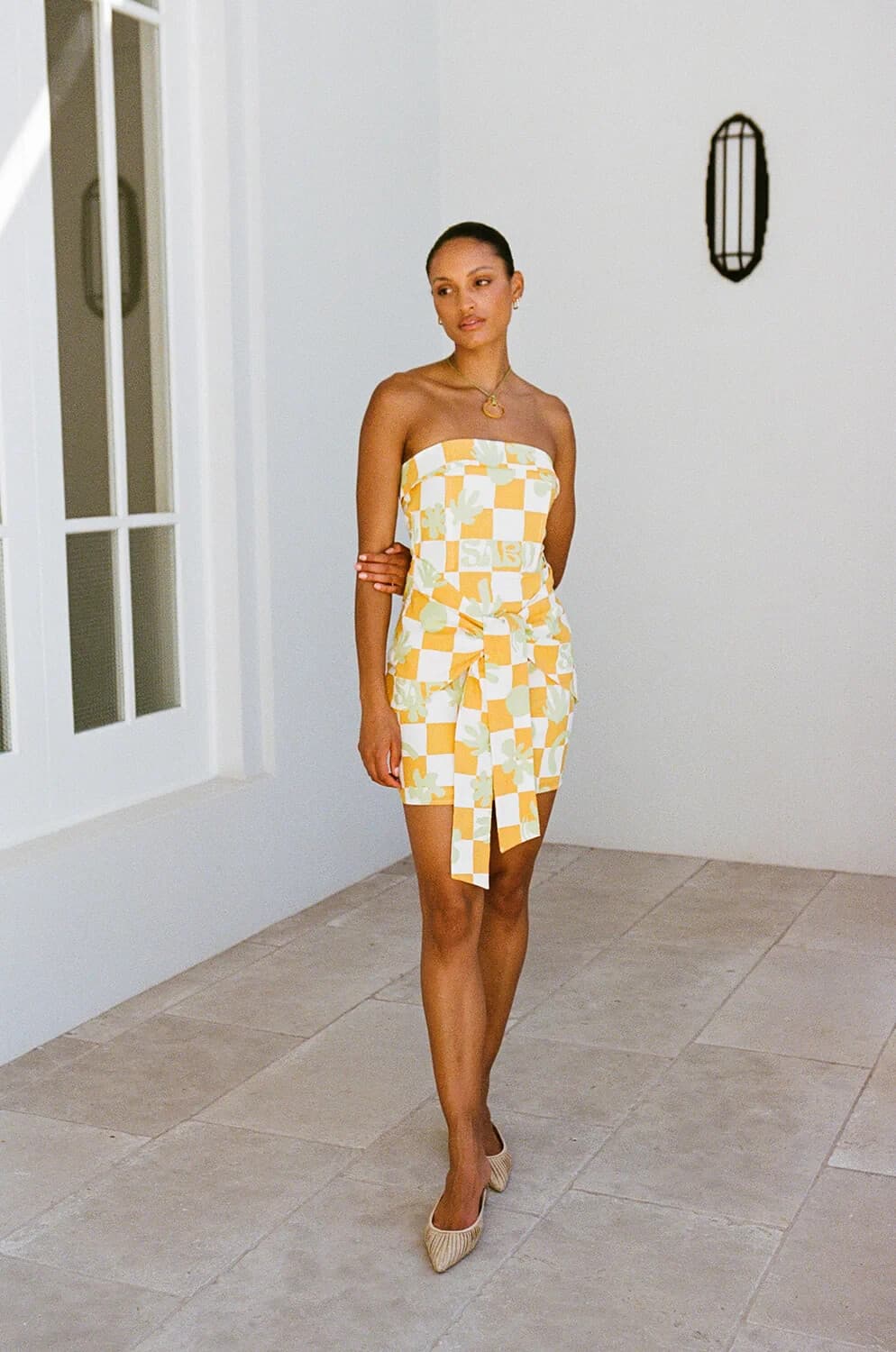 SABO Kingsley Checkerboard Bandeau Mini Summer Dress Tie-Front Cotton Yellow US8 - Thumbnail 4
