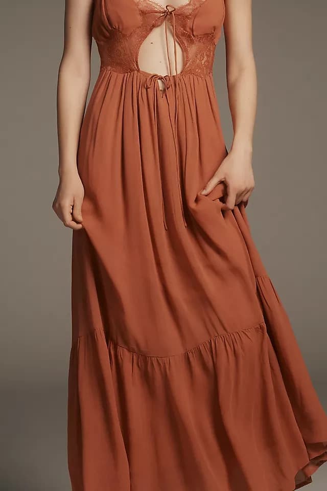 NEW Let Me Be Anthropologie Lace Trim Sleeveless Cutout Maxi Slip Dress Red Sz.S - Thumbnail 5