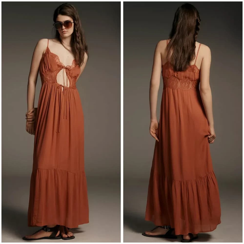 NEW Let Me Be Anthropologie Lace Trim Sleeveless Cutout Maxi Slip Dress Red Sz.S - Thumbnail 2